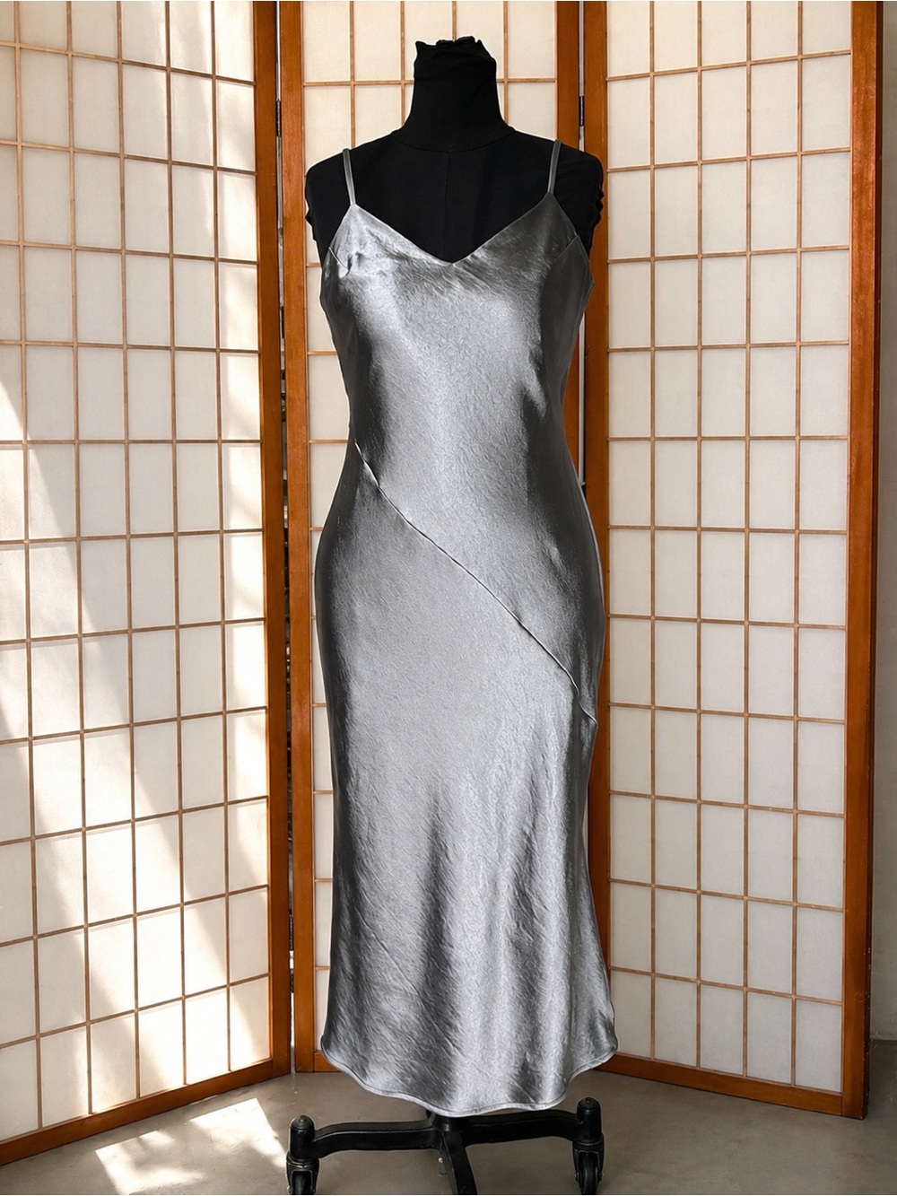 Oak + Fort Silver Satin Slip Dress Large Bias Midi Minimalist